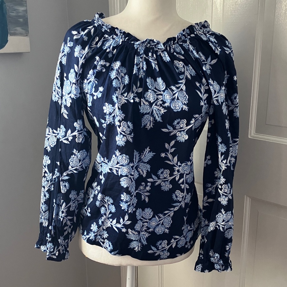 J. Crew Blue Floral Cotton long sleeve Blouse bow tie back work weekend EUC XS